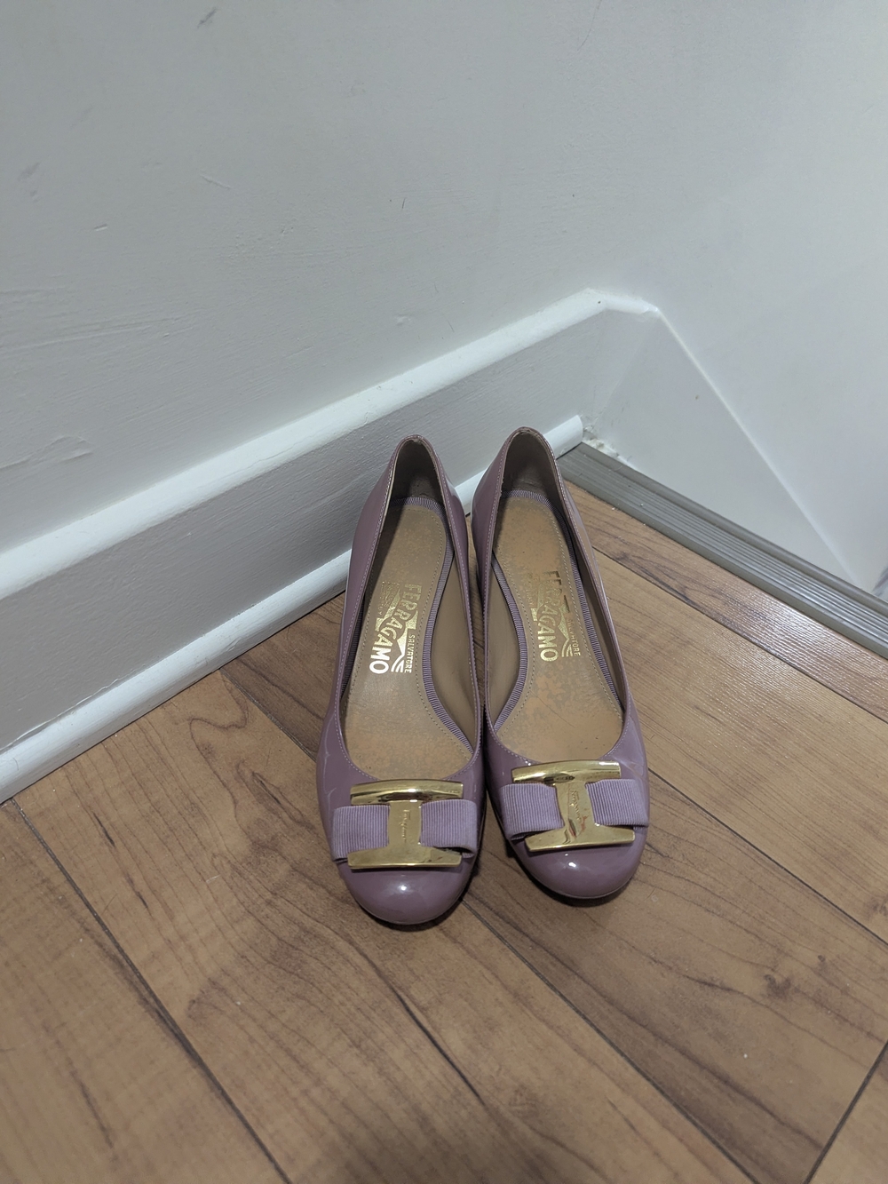 Salvatore Ferragamo Pink/Lavender Vara Bow Patent Leather Flats - Size 36